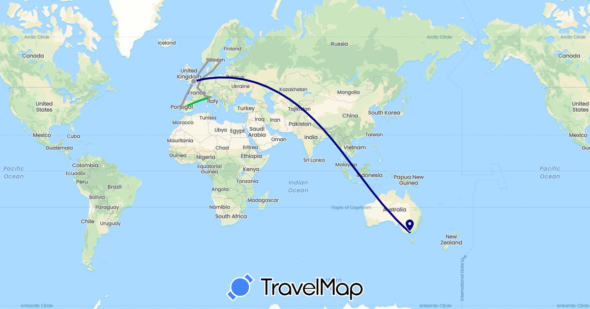TravelMap itinerary: driving, bus, plane in Australia, Denmark, Spain, France, United Kingdom, Italy, Netherlands, Norway, Portugal, Sweden (Europe, Oceania)